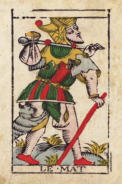 The Fool tarot card from the Marseille deck — the first card in a freshly cleansed and reordered deck