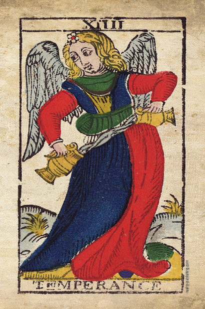 Temperance tarot card from the Marseille deck — representing the balance and patience that are the antidote to anxiety