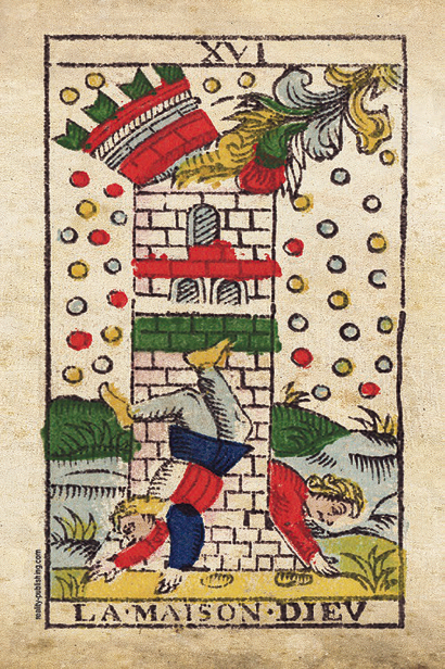 The Tower tarot card from the Marseille deck — one of the most dramatically different cards when reversed