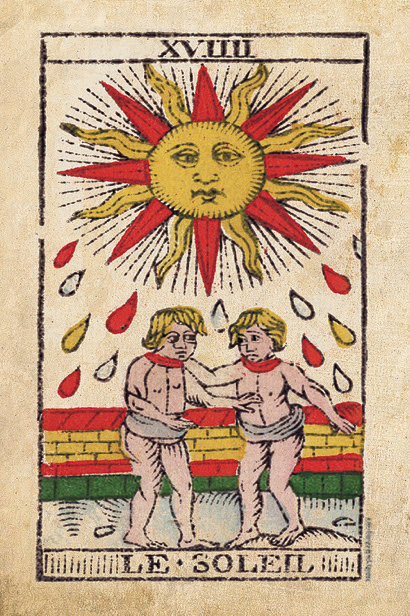The Sun tarot card from the Marseille deck — representing joy, clarity, and vitality in tarot readings