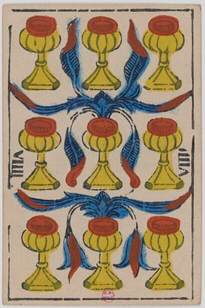 The Nine of Cups tarot card from the Marseille deck — known as the wish card, a strong yes in any reading