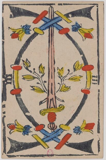 The Three of Swords tarot card from the Marseille deck — representing heartbreak, grief, and painful truths in love