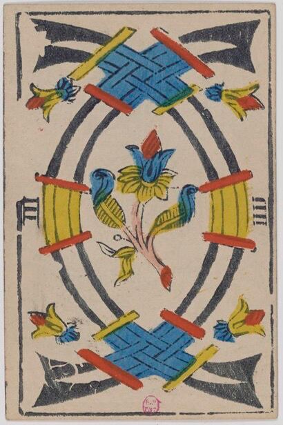 The Four of Swords tarot card from the Marseille deck — representing the stability and rest that fours bring across all suits