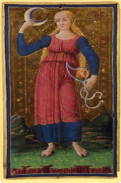 The Moon tarot card from the Visconti deck — representing lunar energy and the cleansing power of moonlight