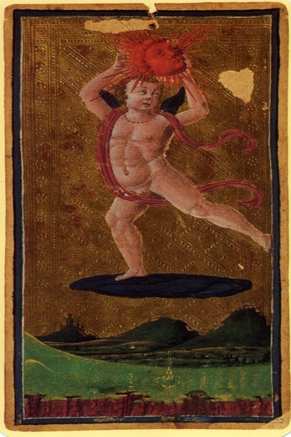 The Sun tarot card from the Visconti deck — ruled by the Sun planet and representing vitality, joy, and success