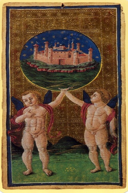 The World tarot card from the Visconti deck — the final card of the Major Arcana representing completion and wholeness