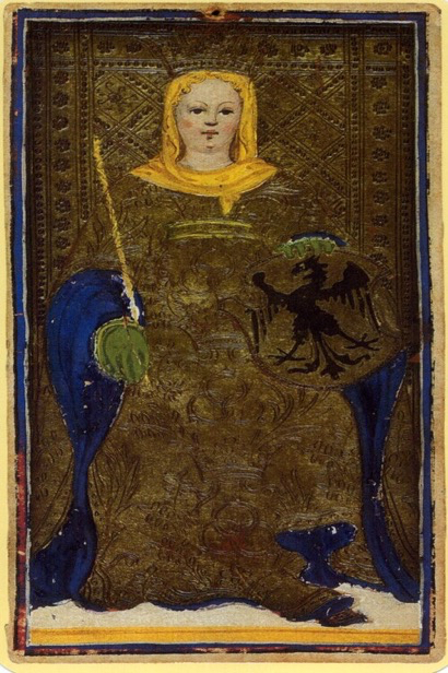 The Empress tarot card from the Visconti deck — an example of the rich historical art found in the Visconti-Sforza tarot