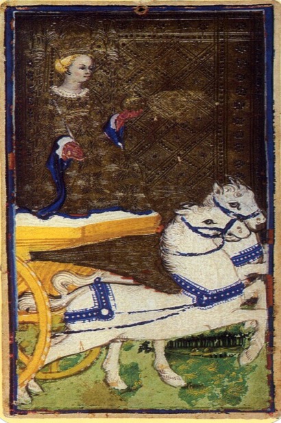 The Chariot tarot card from the Visconti deck — representing willpower and determination to move forward with a decision