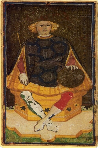 The King of Pentacles tarot card from the Visconti deck — symbolizing material success and disciplined abundance
