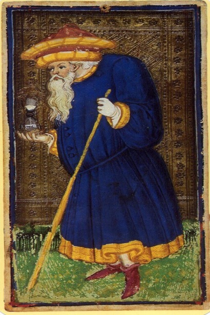 The Hermit tarot card from the Visconti deck — representing the quiet solitude and self-reflection at the heart of self-care